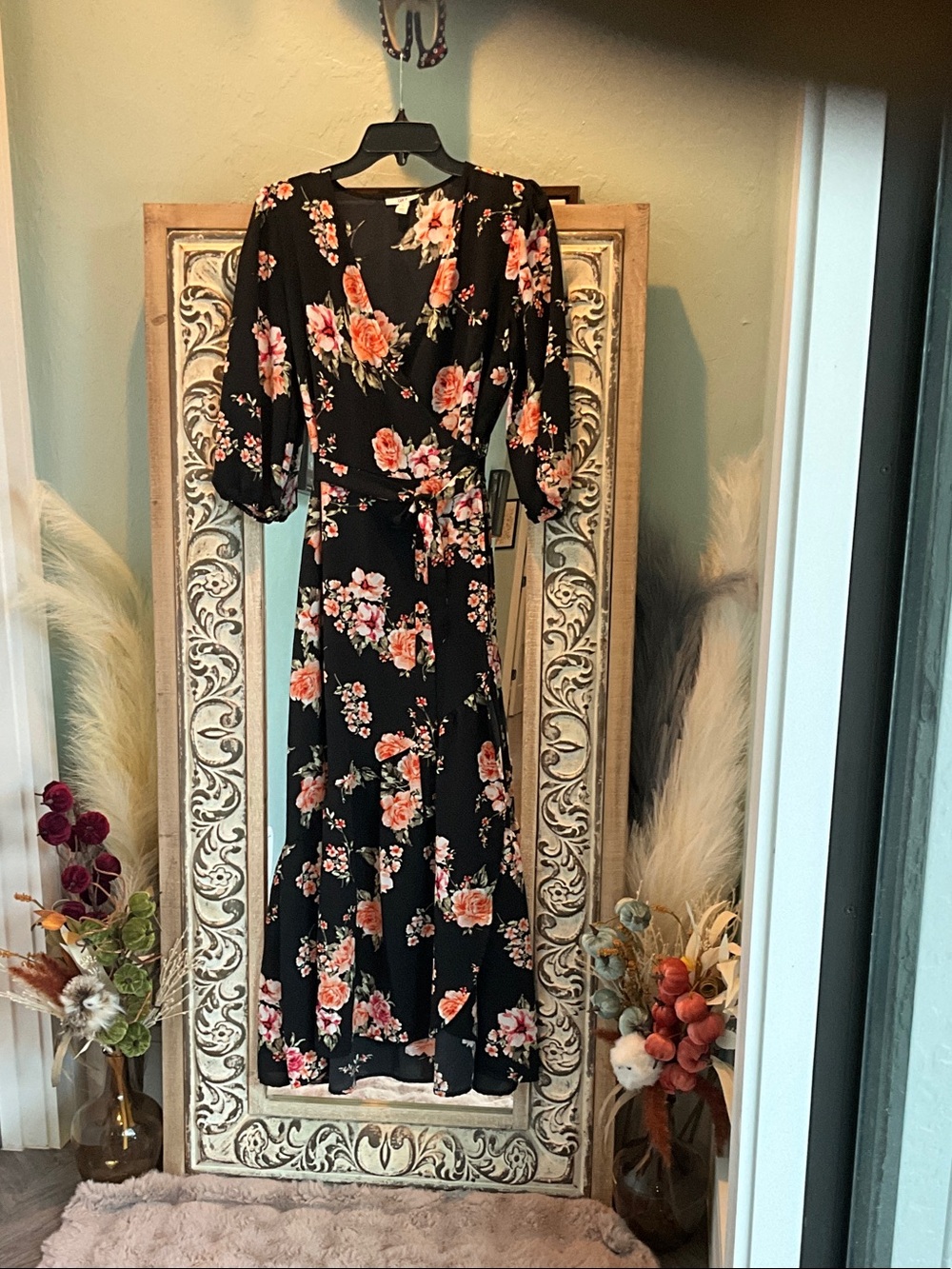Bar III Black Maxi Wrap Dress with Pink & Coral Floral Print